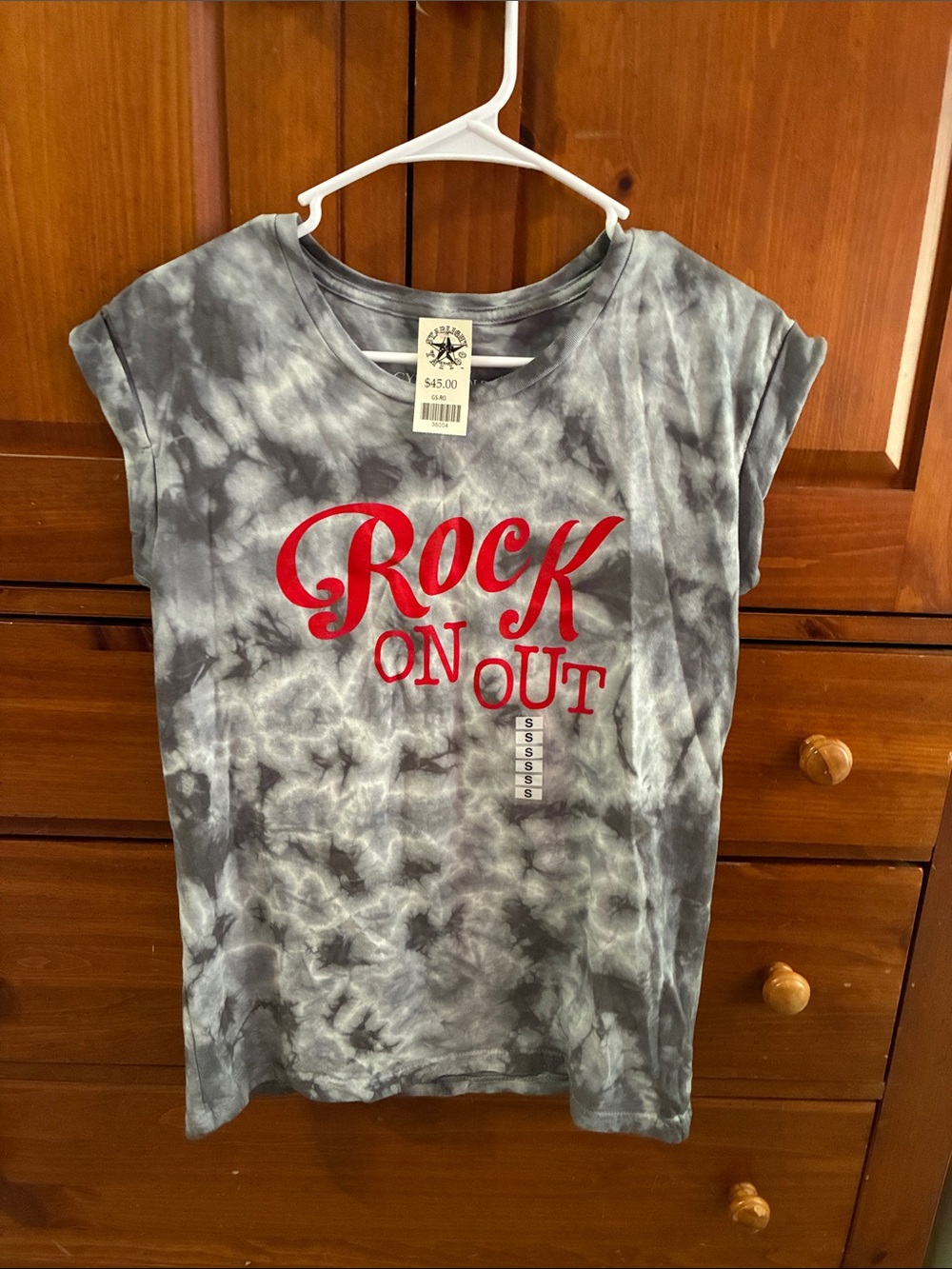 Women's Gray Tie-Dye Short Sleeve Tee with Red 'Rock On Out' Graphic